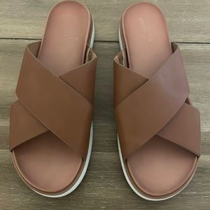 Brown vegan leather cross strap slide sandals